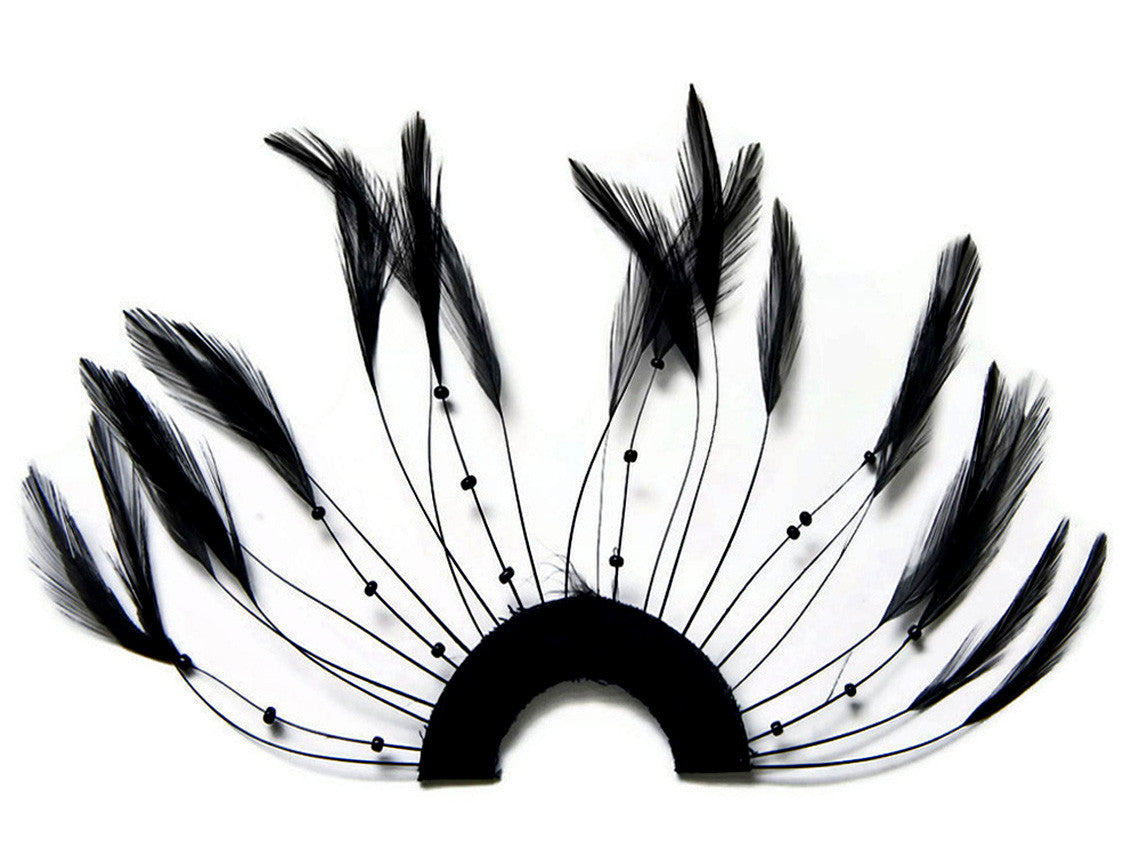 1 Piece - Black Half Beaded Pinwheel Stripped Rooster Hackle Feather Pads