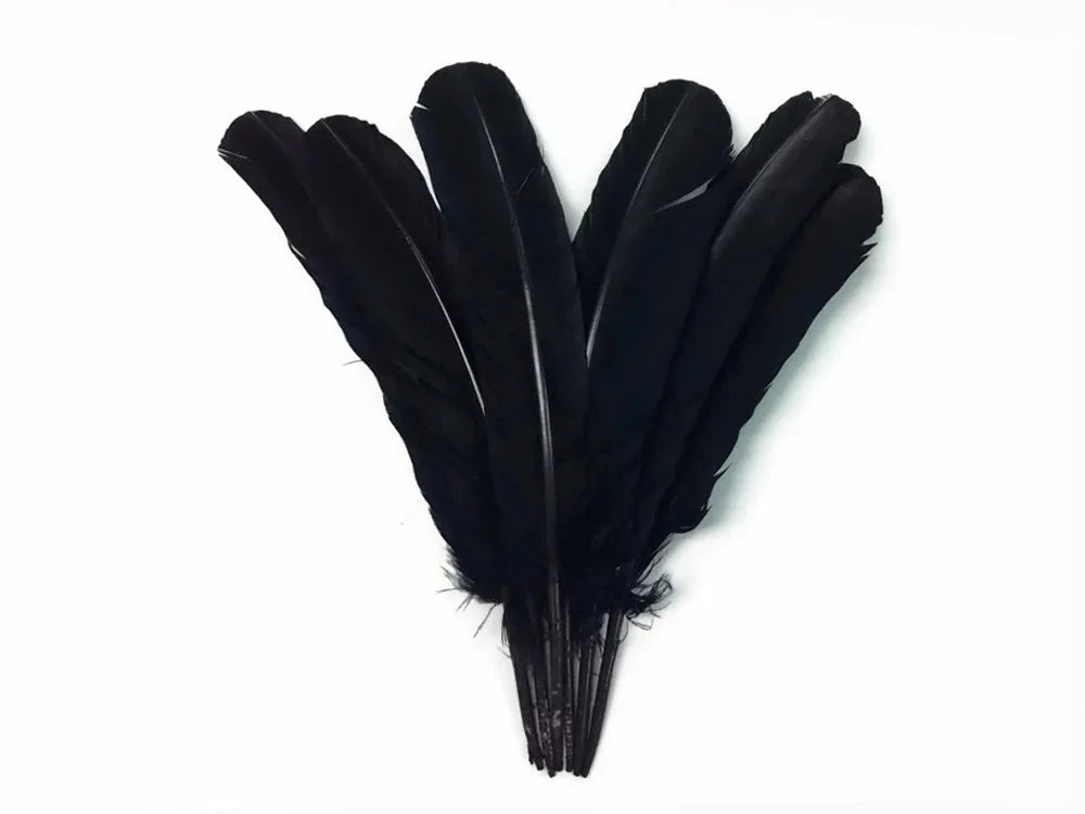 Bundle of long black feathers for DIY crafts and fashion accessories on a white background.