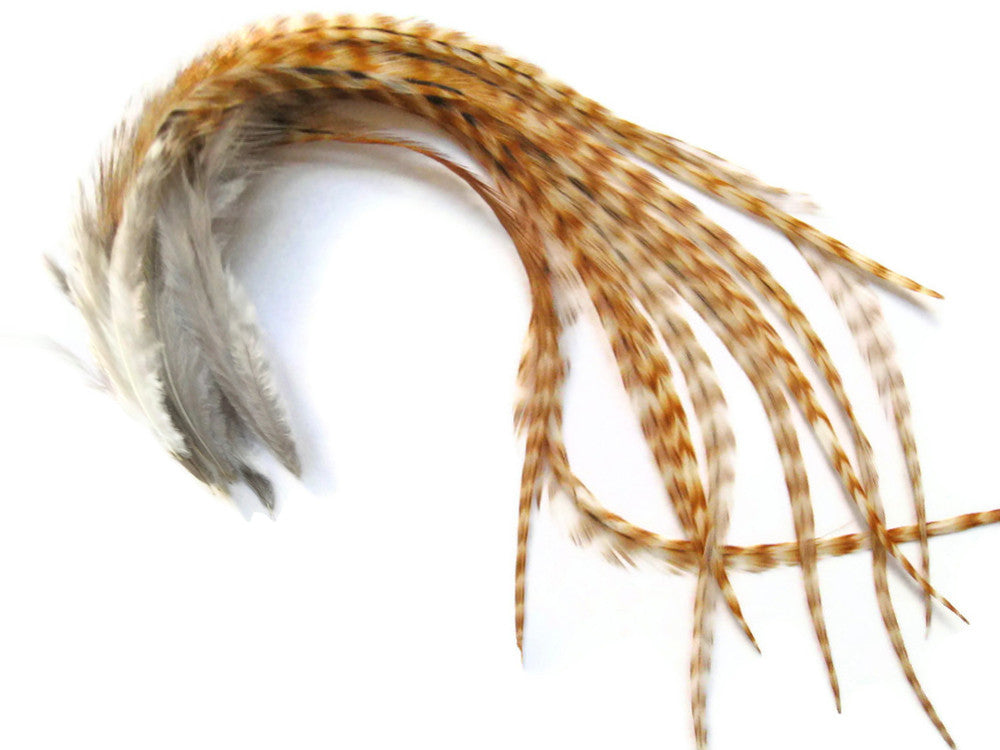 6 Pieces - XL Bleached Thick Long Grizzly Whiting Farm Rooster Saddle Hair Extension Feathers