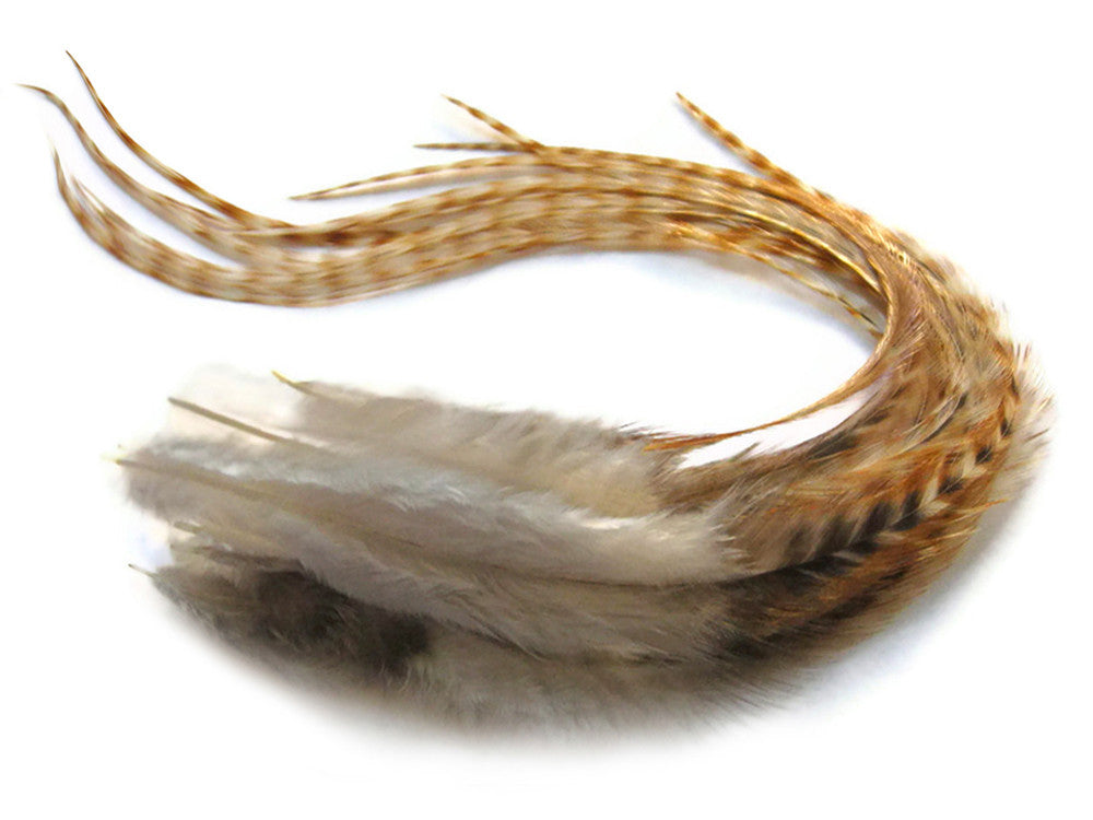 6 Pieces - XL Bleached Thick Long Grizzly Whiting Farm Rooster Saddle Hair Extension Feathers