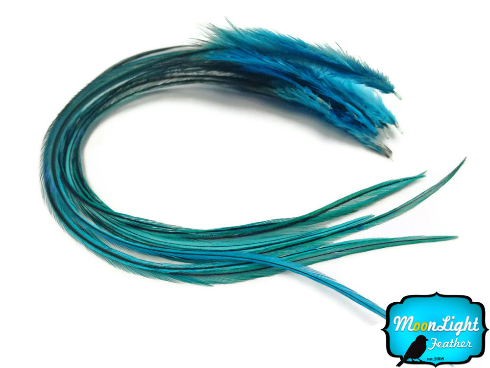 6 Pieces - Kingfisher Blue Badger Thick Long Rooster Hair Extension Feathers