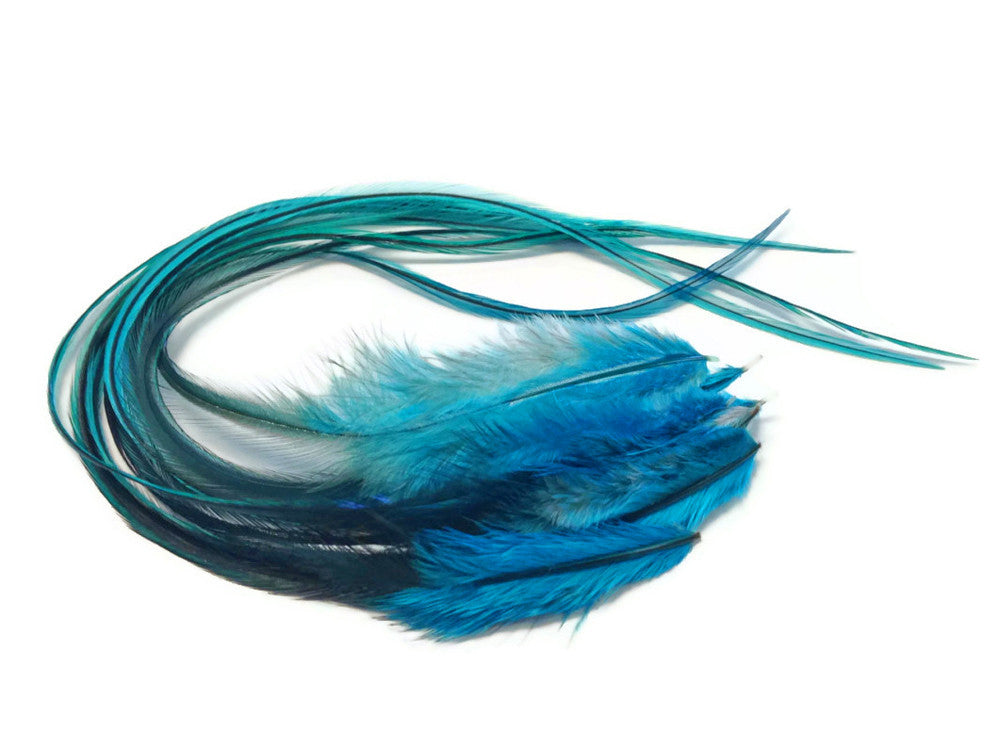 6 Pieces - Kingfisher Blue Badger Thick Long Rooster Hair Extension Feathers