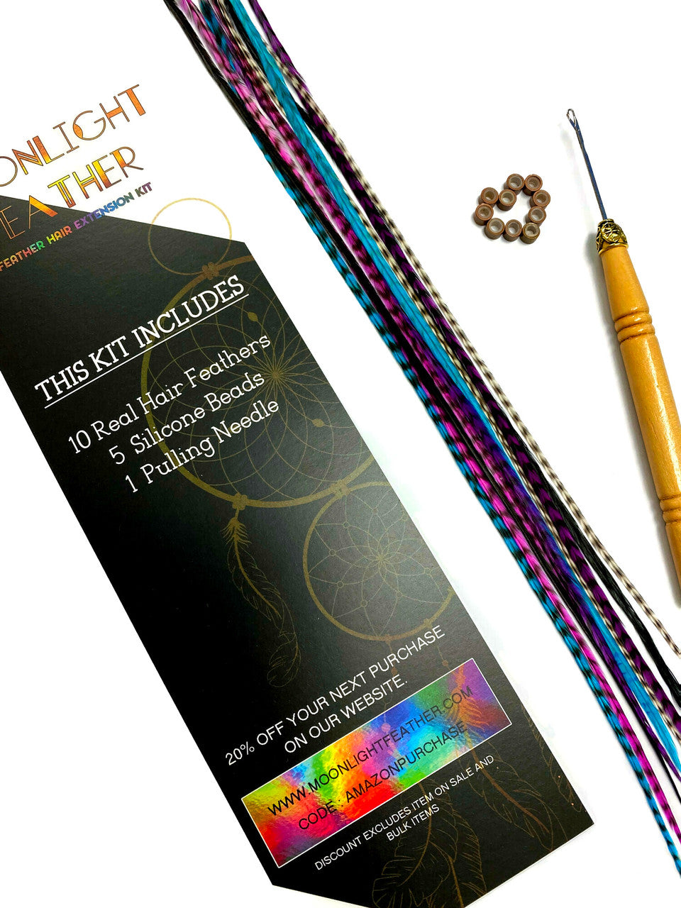 Vibrant Mix - 10 Pieces Hair Feather Extension Starter Kit with Pulling Needle & Silicone Beads