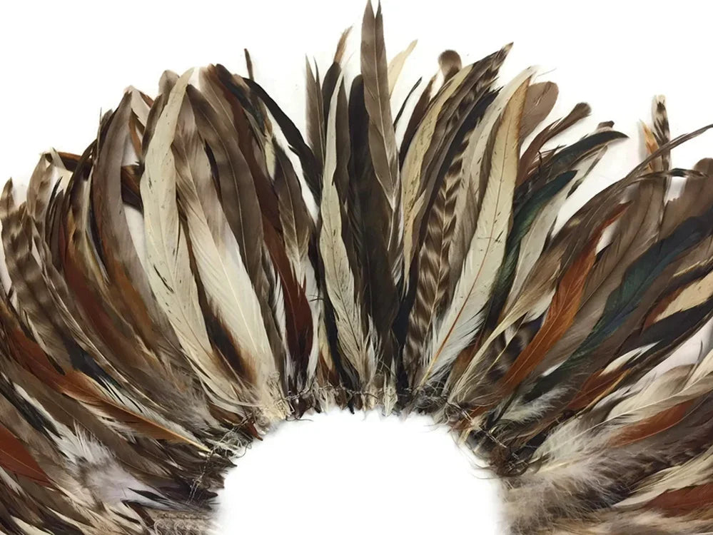 Natural brown chinchilla rooster coque tail feathers with cream and dark brown markings.