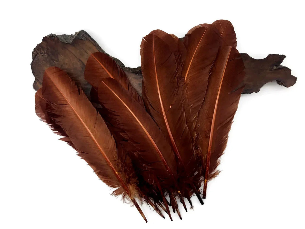 Natural brown feathers for DIY crafts and fashion decor on a dark wood background.