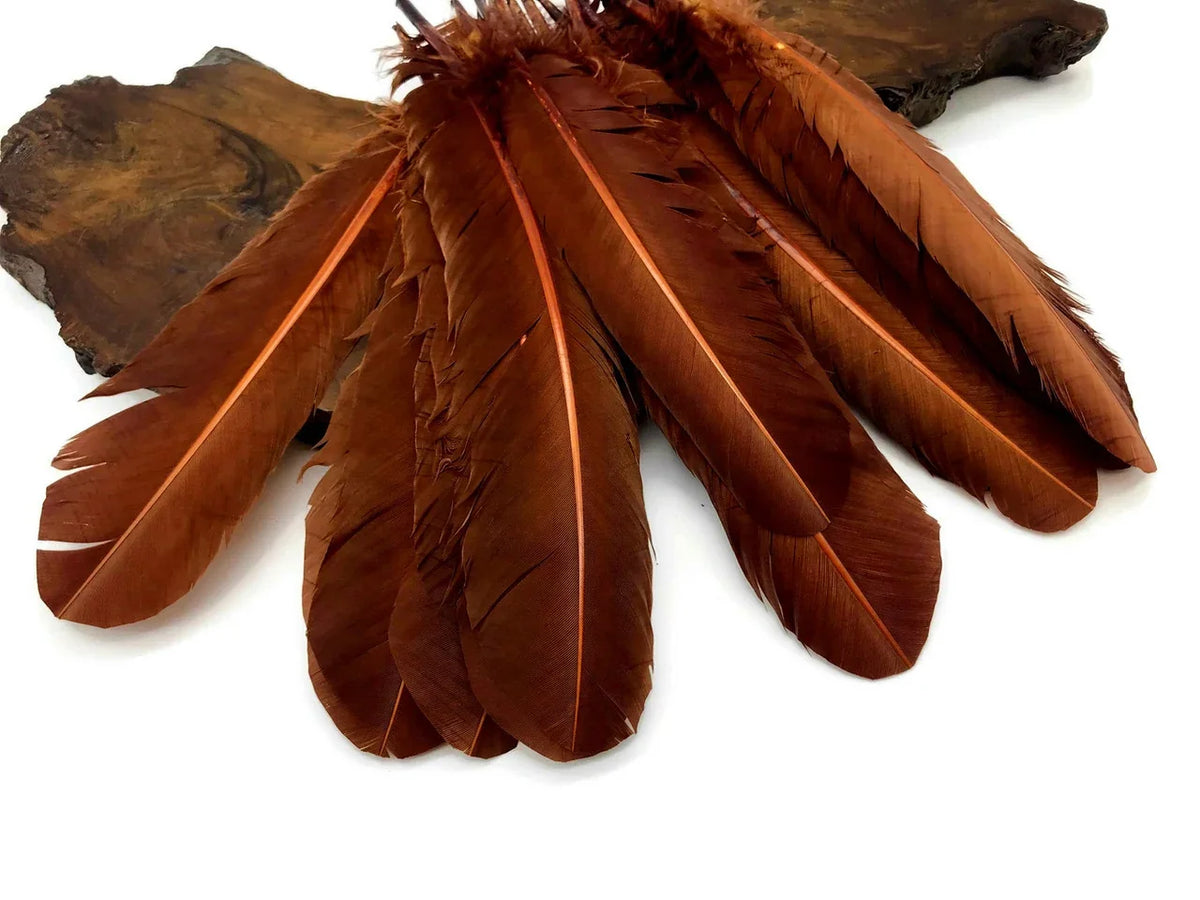 Natural brown feathers for DIY crafts and fashion accessories on a wooden base.
