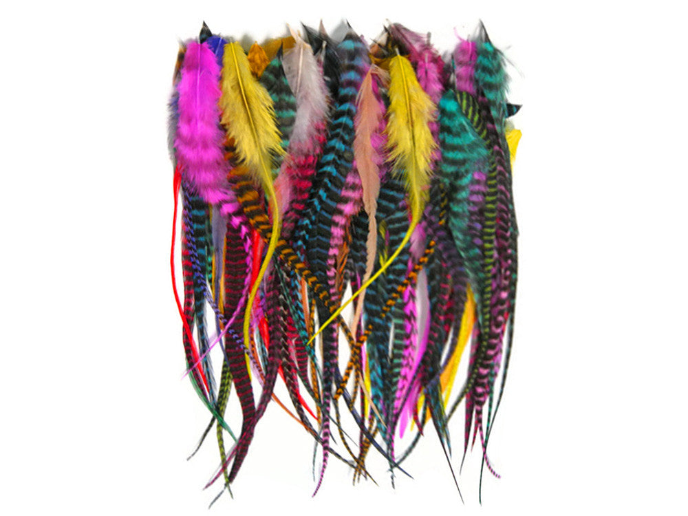 50 Pieces - Colorful Thick Long Rooster Saddle Whiting Farm Hair Extension Wholesale Feathers (Bulk)