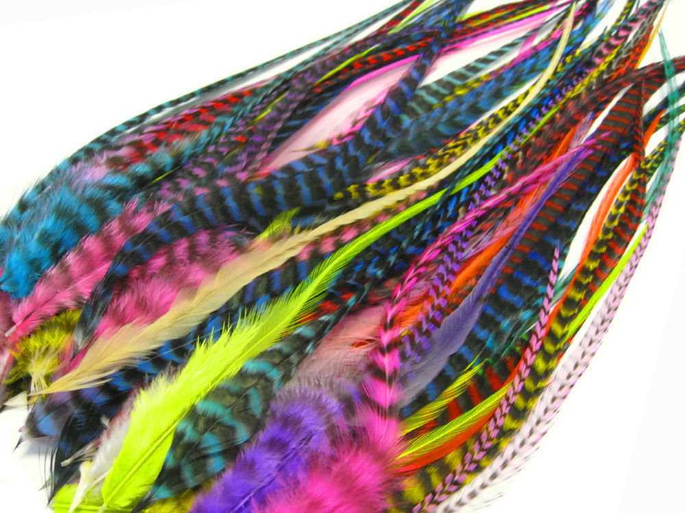 50 Pieces - Colorful Thick Long Rooster Saddle Whiting Farm Hair Extension Wholesale Feathers (Bulk)