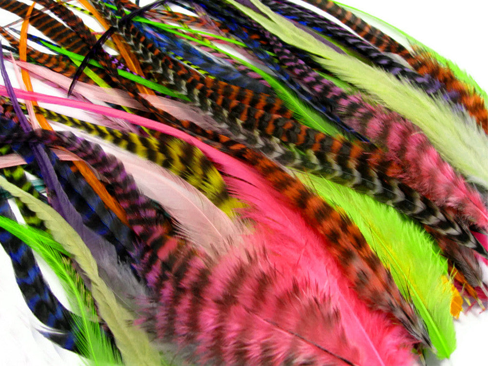 50 Pieces - Colorful Thick Long Rooster Saddle Whiting Farm Hair Extension Wholesale Feathers (Bulk)