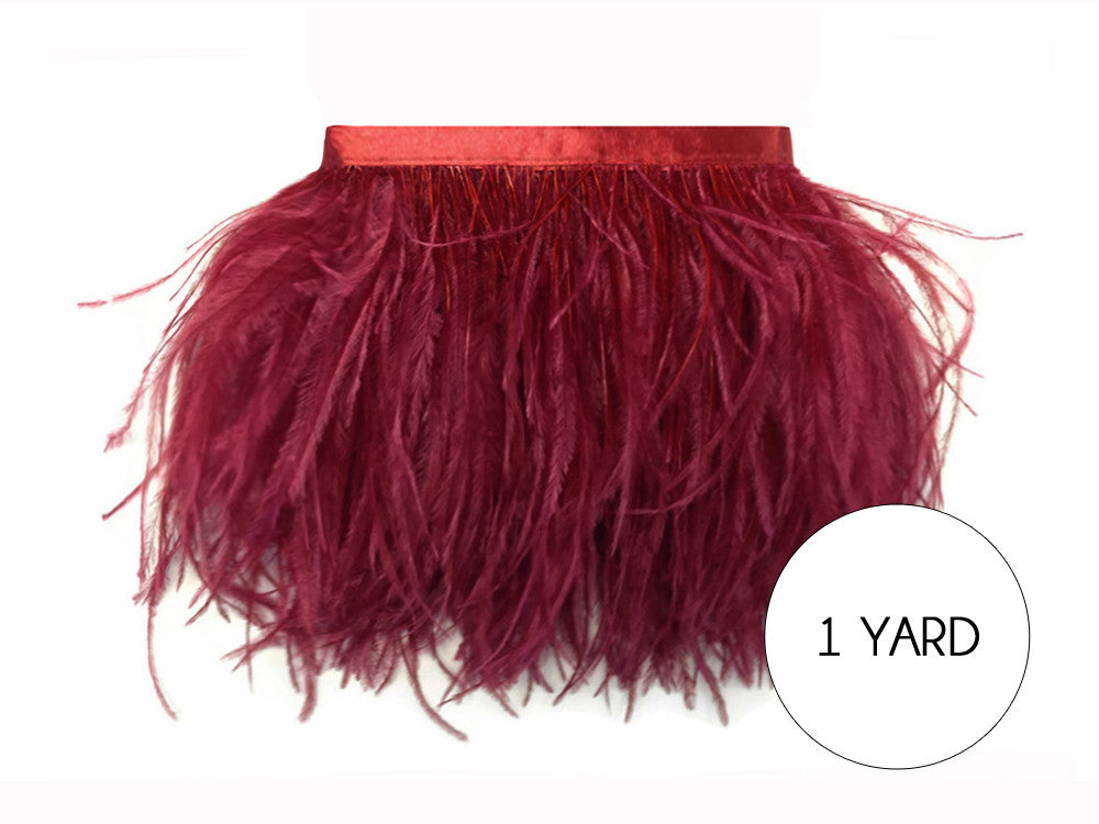 1 Yard - Burgundy Ostrich Fringe Trim Wholesale Feather (Bulk)