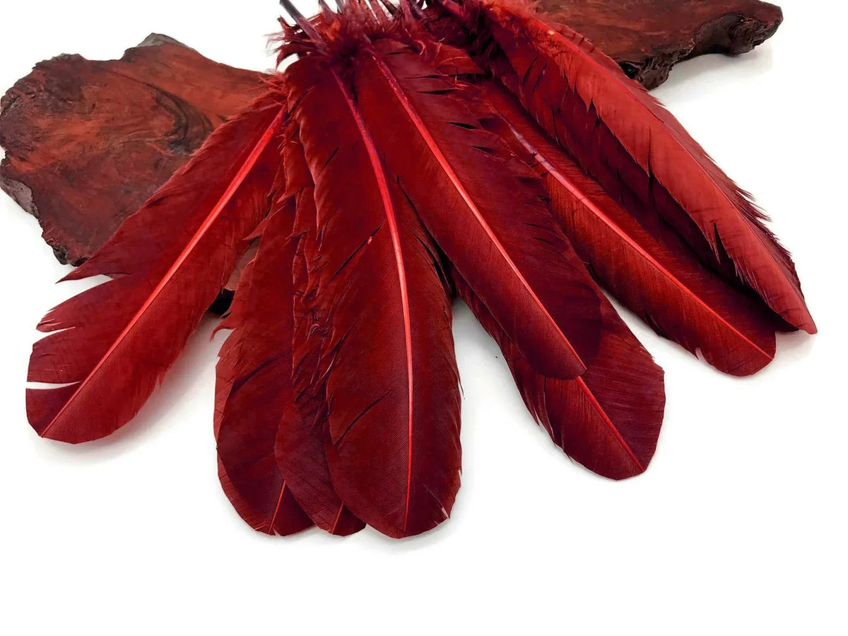 Vibrant deep red craft feathers arranged on a dark wood base for DIY fashion and decor.