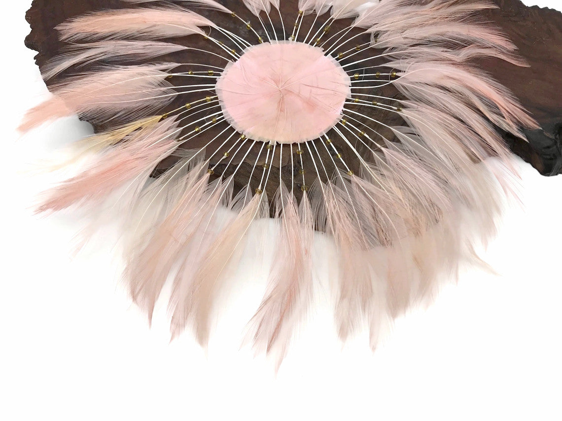 1 Piece - Champagne Whole Beaded Pinwheel Stripped Rooster Hackle Feather Plates