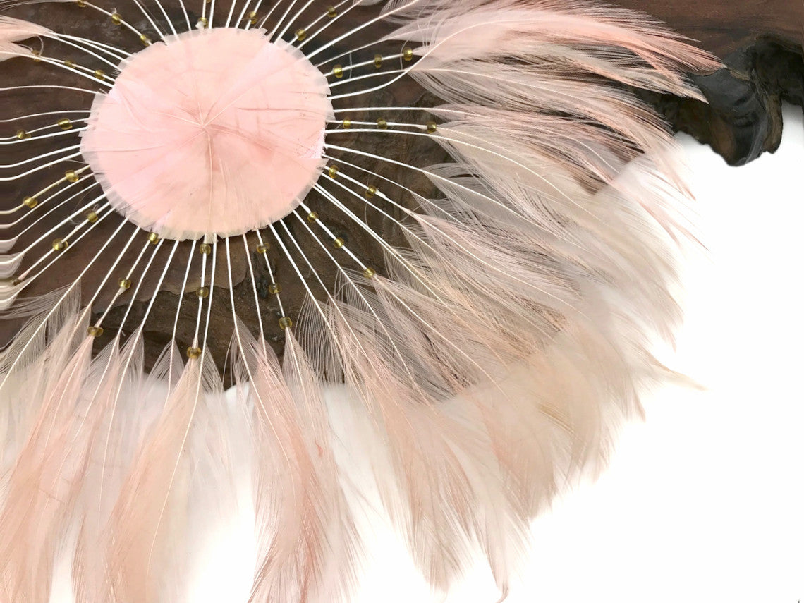 1 Piece - Champagne Whole Beaded Pinwheel Stripped Rooster Hackle Feather Plates