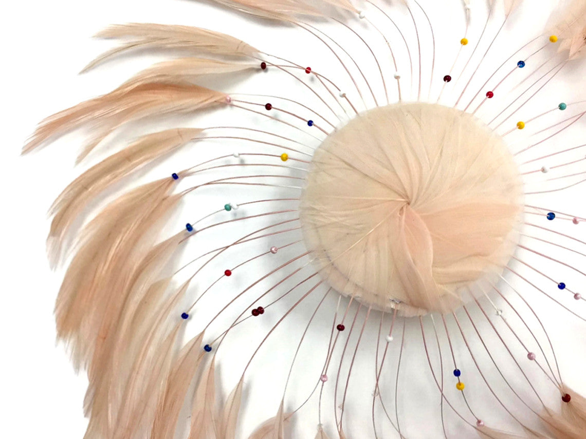 1 Piece - Champagne Whole Beaded Pinwheel Stripped Rooster Hackle Feather Plates