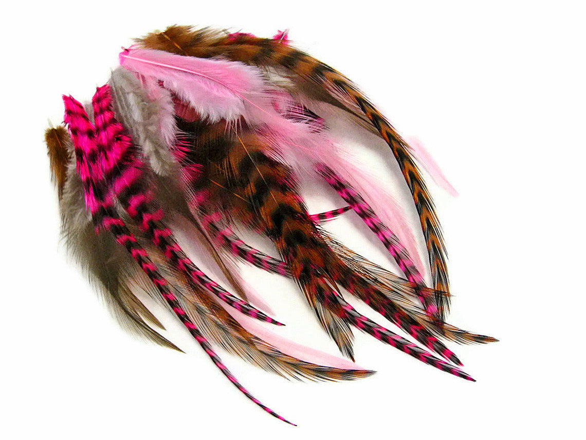 2 Dozen - Short Chocolate Berry Mix Whiting Farm Rooster Saddle Hair Extension Feathers