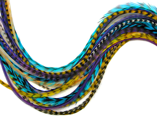 12 Strands - Cool Mix Thin Long Grizzly Whiting Farm Rooster Salon Hair Extension Feathers