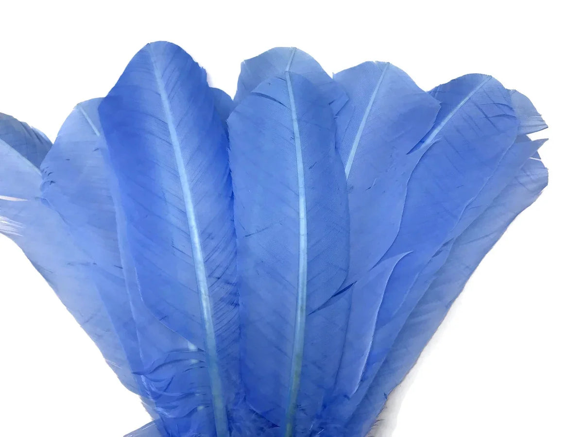 Vibrant blue craft feathers for DIY fashion and décor projects.
