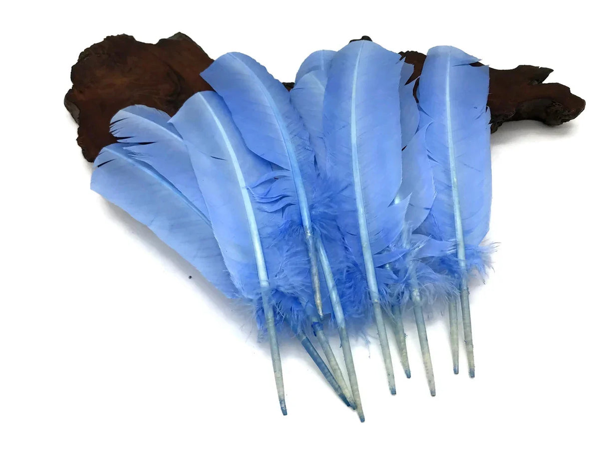 Vibrant light blue craft feathers for DIY fashion and décor accessories.