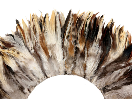 4 Inch Strip - 4-6" Natural Cream & Black Strung Chinese Rooster Saddle Feathers