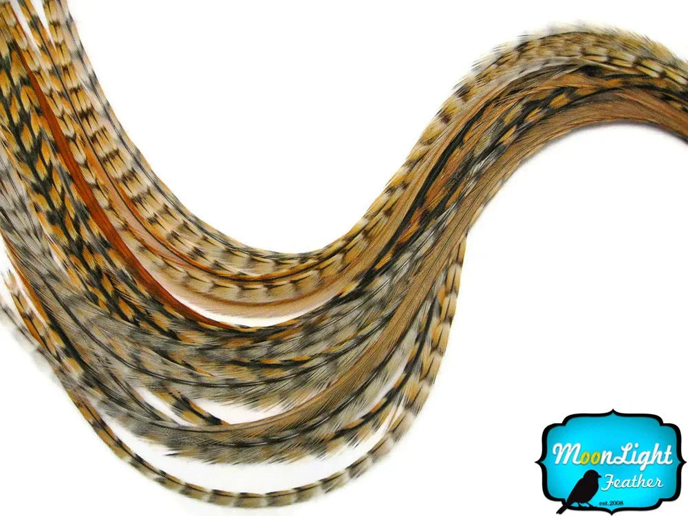 Long patterned brown and tan decorative feathers for crafts and DIY fashion.