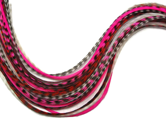 12 Strands - Cupid Mix Thin Long Grizzly Whiting Farm Rooster Hair Extension Feathers