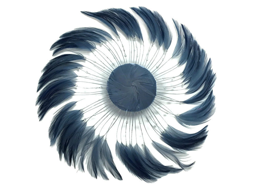 1 Piece - Dark Grey Whole Beaded Pinwheel Stripped Rooster Hackle Feather Plates