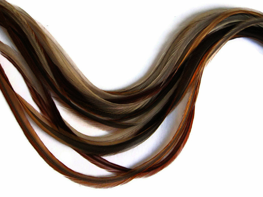 10 Pieces - Dark Honey Ginger Thin Long Rooster Hair Extension Feathers