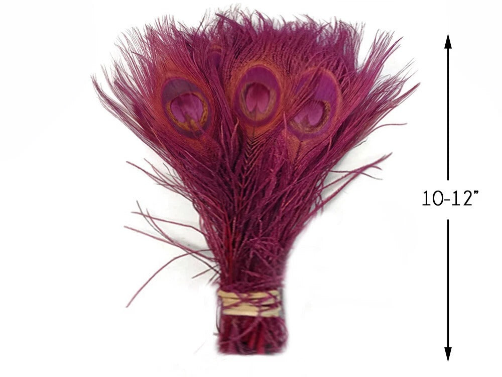5 Pieces – Burgundy Bleached & Dyed Peacock Tail Eye Feathers 10-12” Long