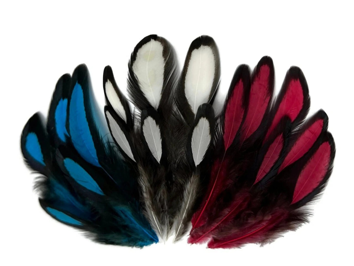 30 Pieces - Red, White, Blue Mix Whiting Farms Laced Hen Saddle Feathers