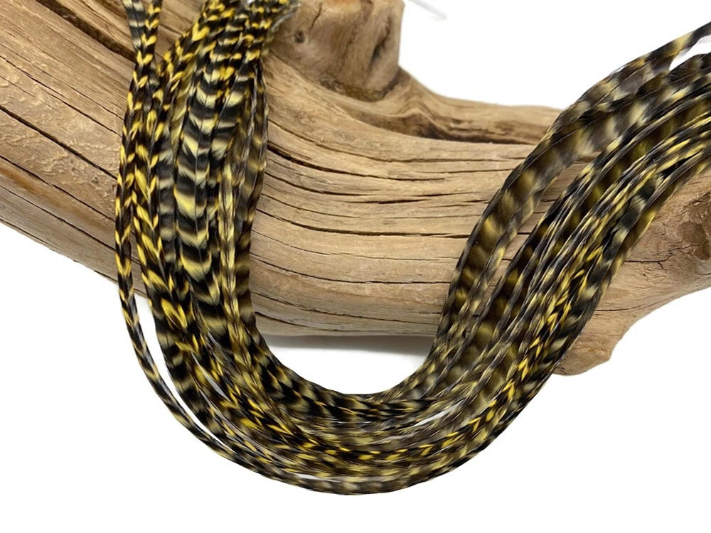 1 Dozen - Medium Pale Yellow Grizzly Rooster Saddle Whiting Hair Extension Feathers