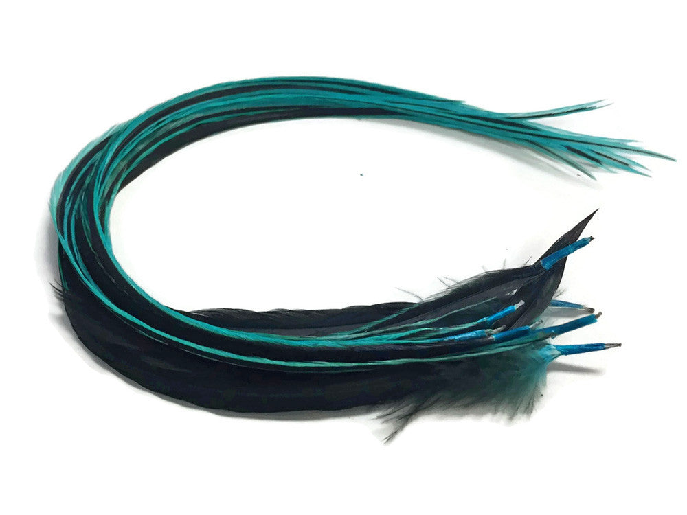 6 Pieces - Kingfisher Blue Badger Thick Long Rooster Hair Extension Feathers