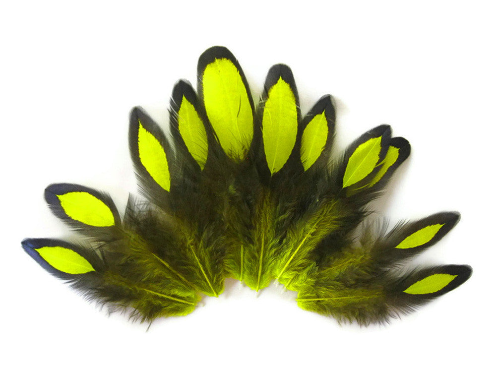 1 Dozen - Fluorescent Yellow Whiting Farms Laced Hen Saddle Feathers