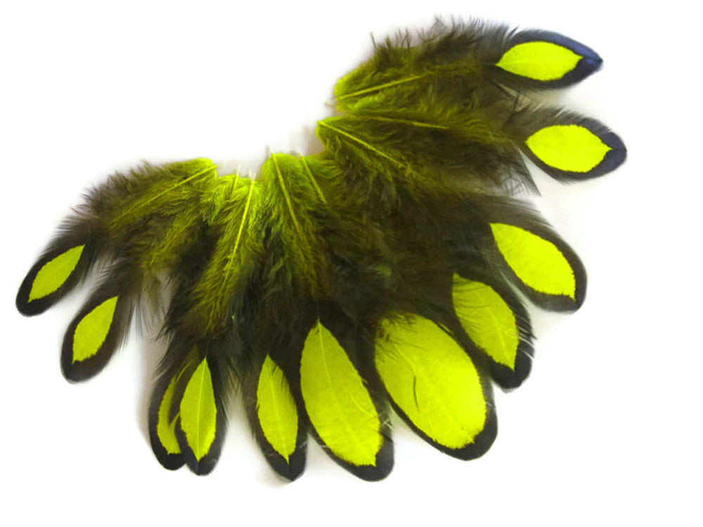 1 Dozen - Fluorescent Yellow Whiting Farms Laced Hen Saddle Feathers