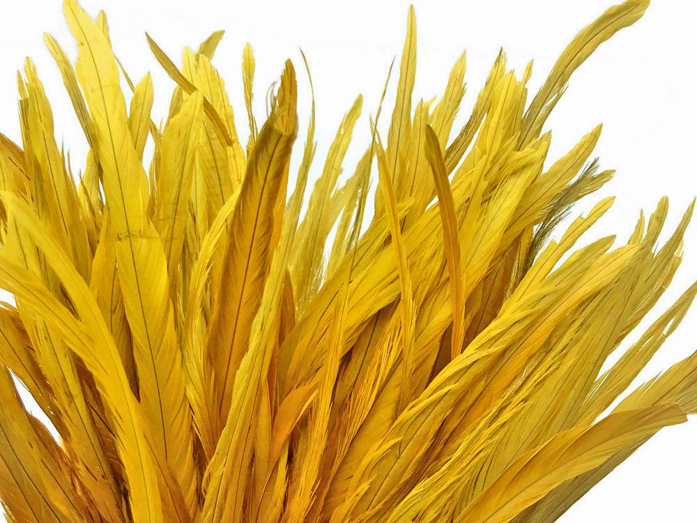 1/2 Yard - 8-10" Golden Yellow Strung Natural Bleach & Dyed Rooster Coque Tail Wholesale Feathers (Bulk)