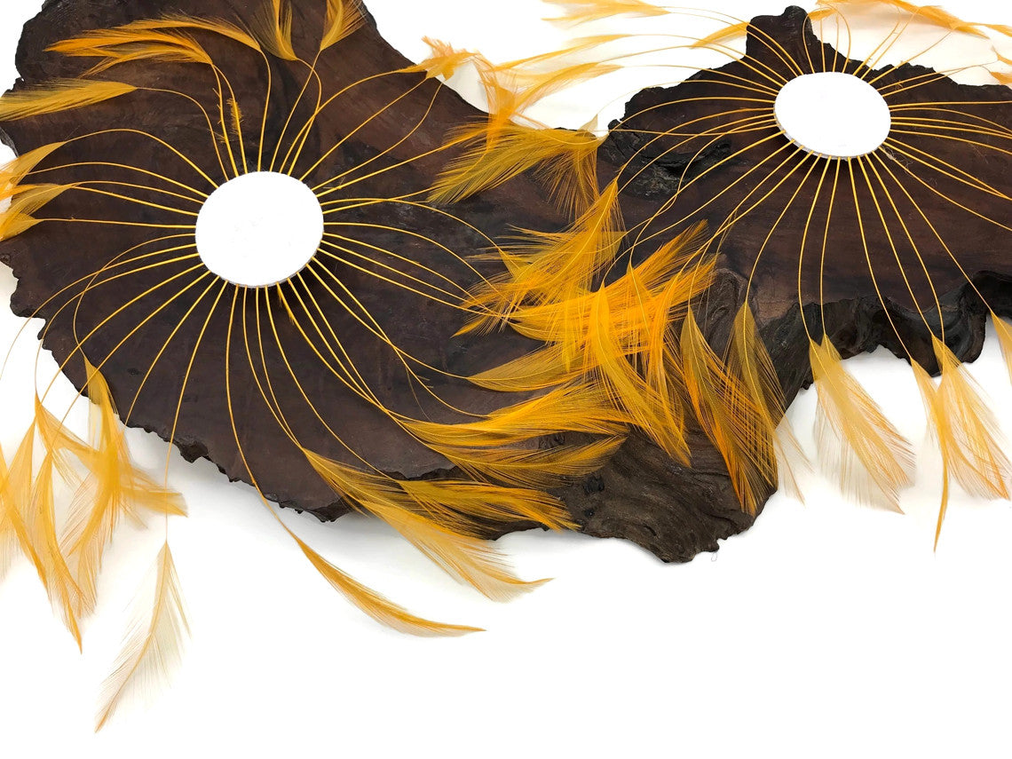 1 Piece - Golden Yellow Whole Beaded Pinwheel Stripped Rooster Hackle Feather Plates