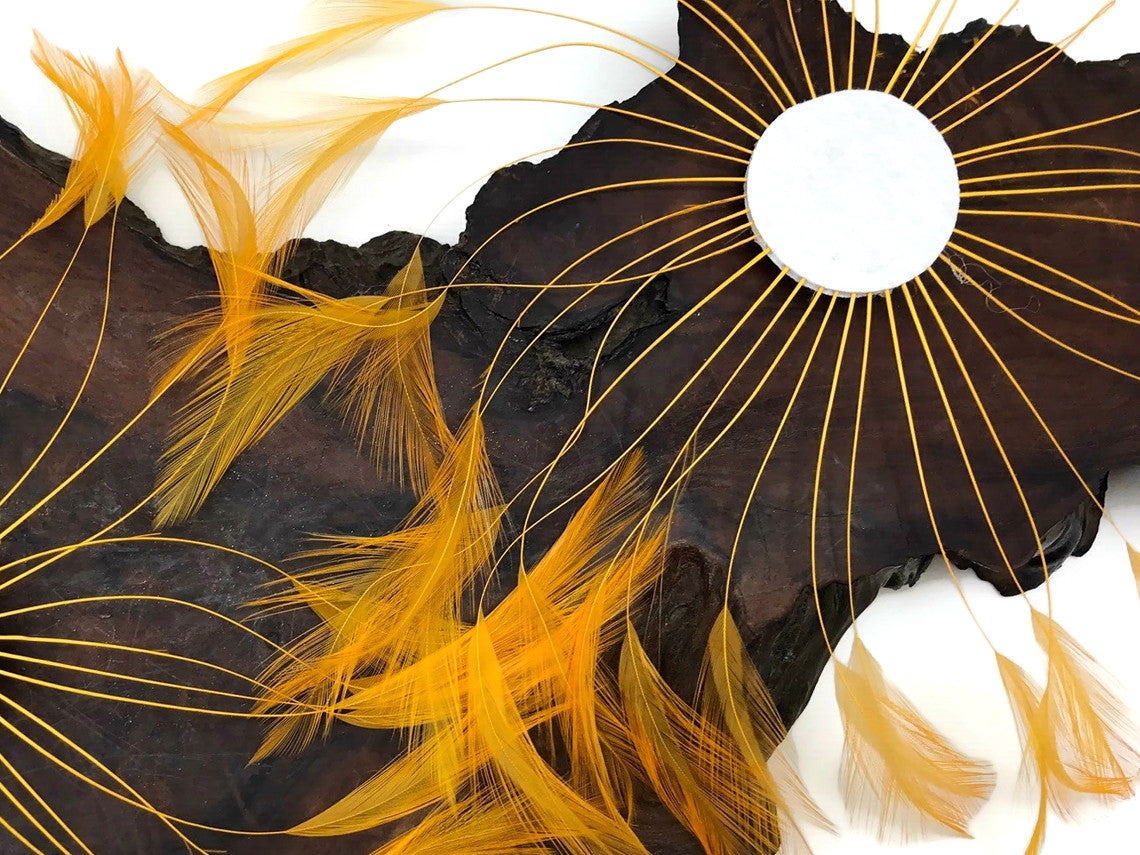 1 Piece - Golden Yellow Whole Beaded Pinwheel Stripped Rooster Hackle Feather Plates