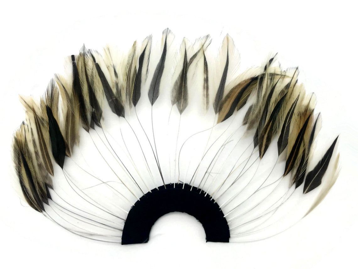 1 Piece - Golden Badger Half Beaded Pinwheel Stripped Rooster Hackle Feather Pads