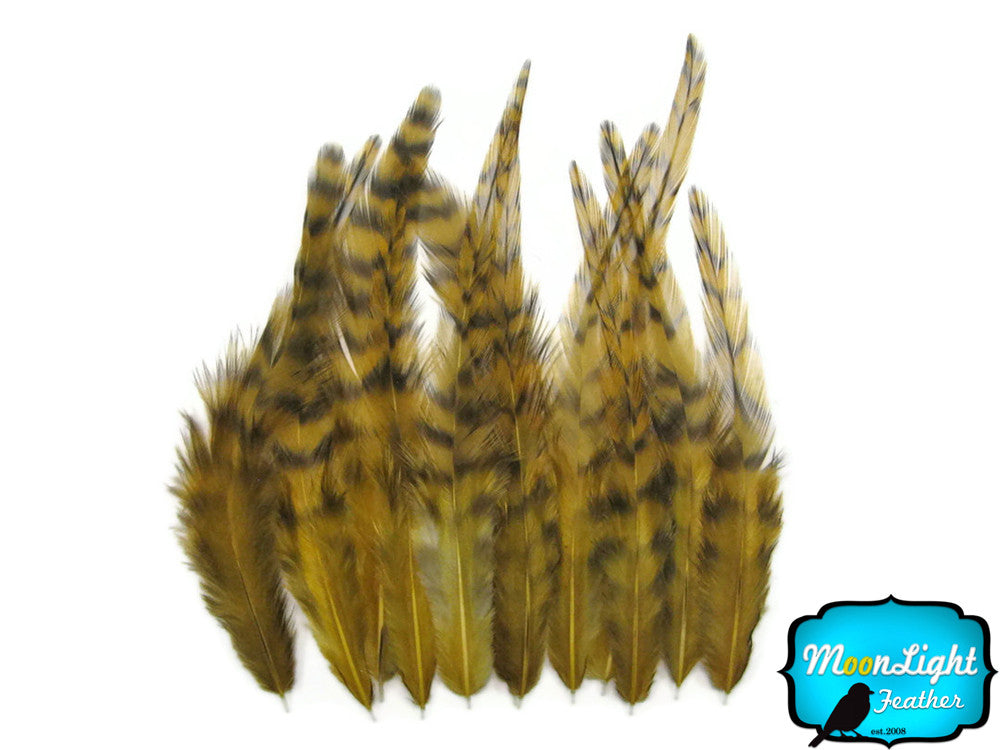 1 Dozen - Short Golden Olive Grizzly Whiting Farm Rooster Saddle Hair Extension Feathers