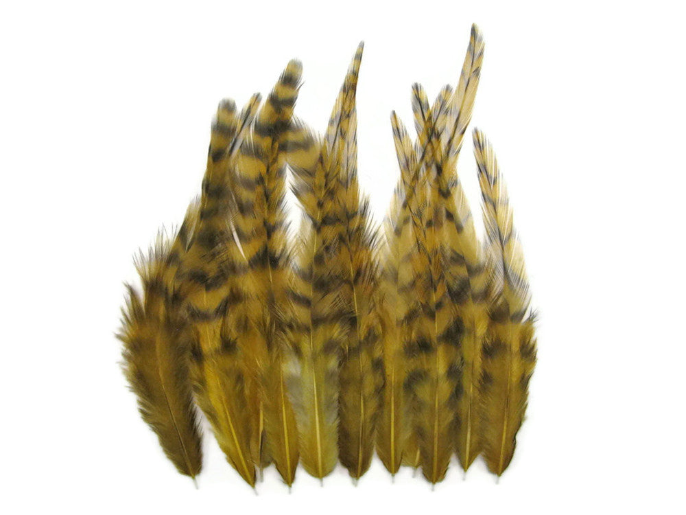 1 Dozen - Short Golden Olive Grizzly Whiting Farm Rooster Saddle Hair Extension Feathers