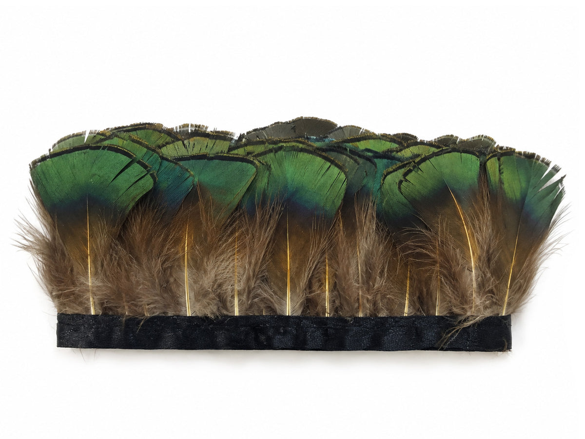 1 Yard - Iridescent Green Bronze Golden Pheasant Neck Tippet Feather Trim
