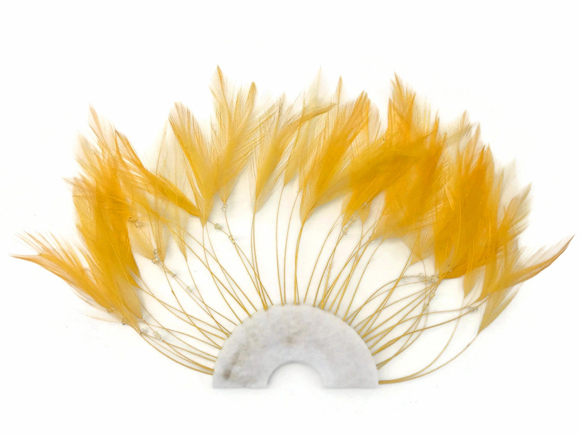 1 Piece - Golden Yellow Half Beaded Pinwheel Stripped Rooster Hackle Feather Pads