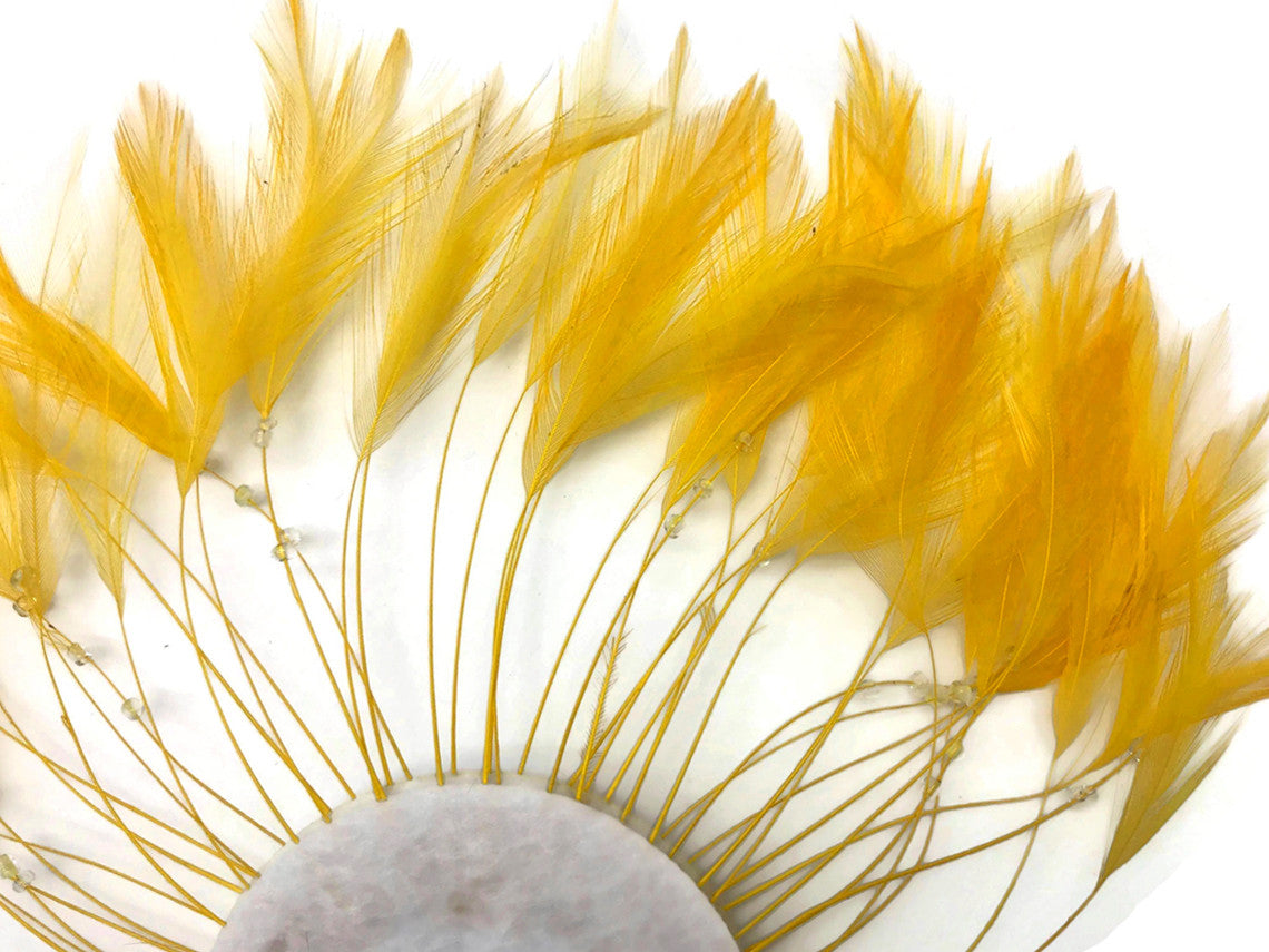 1 Piece - Golden Yellow Half Beaded Pinwheel Stripped Rooster Hackle Feather Pads