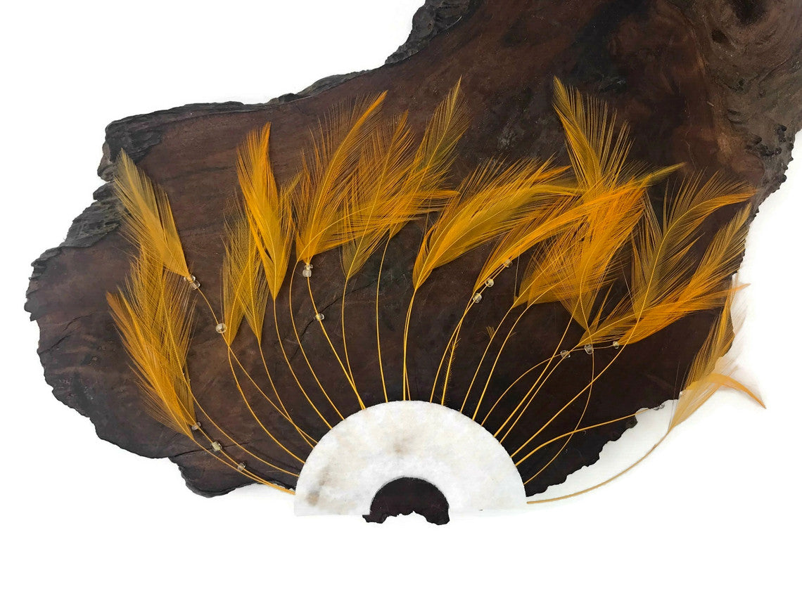 1 Piece - Golden Yellow Half Beaded Pinwheel Stripped Rooster Hackle Feather Pads