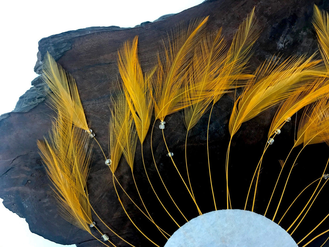 1 Piece - Golden Yellow Half Beaded Pinwheel Stripped Rooster Hackle Feather Pads