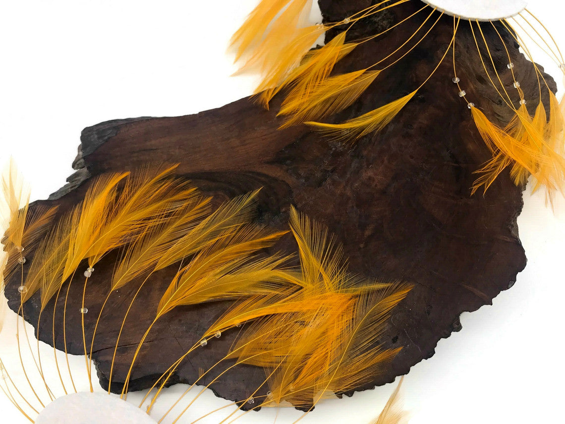 1 Piece - Golden Yellow Half Beaded Pinwheel Stripped Rooster Hackle Feather Pads