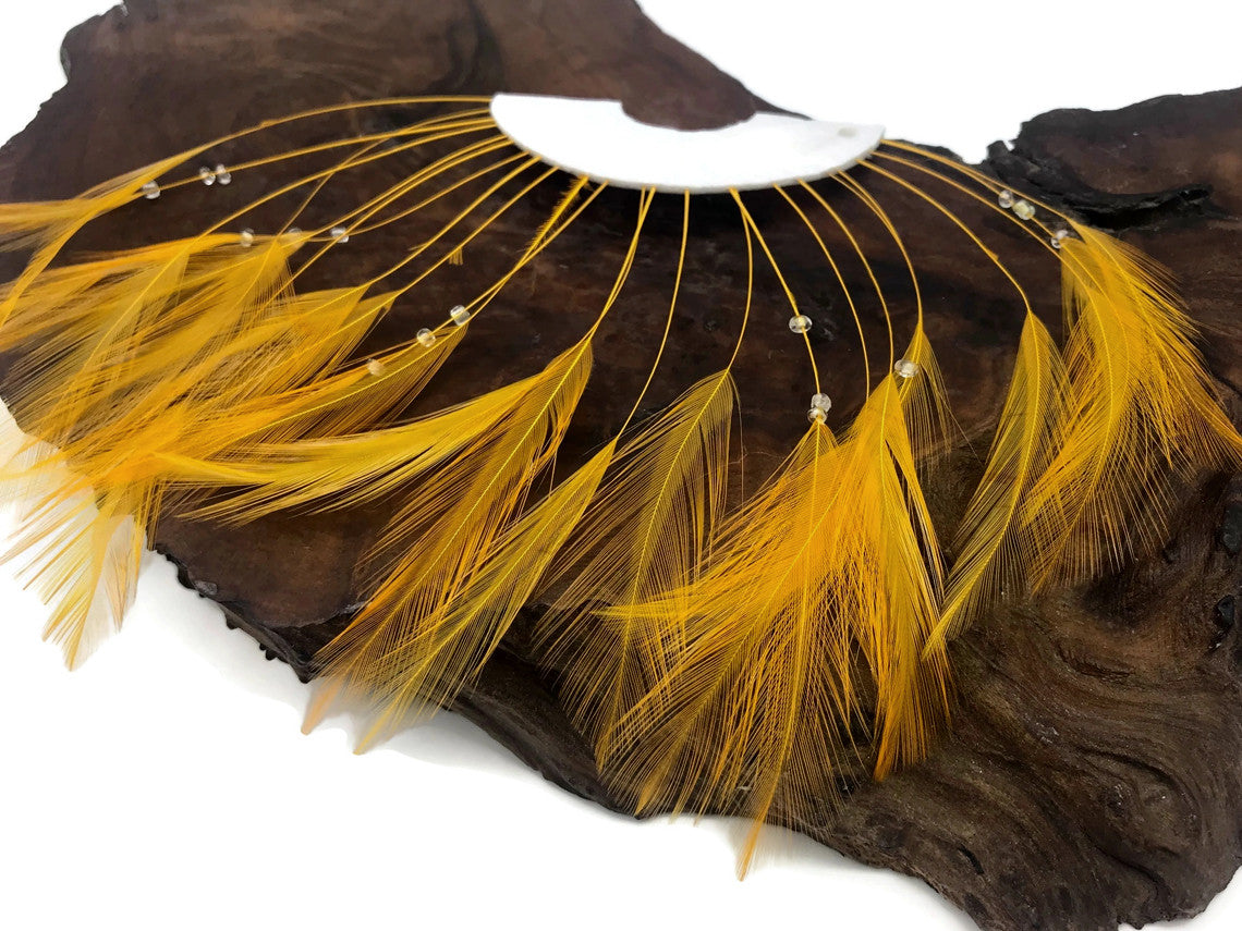 1 Piece - Golden Yellow Half Beaded Pinwheel Stripped Rooster Hackle Feather Pads