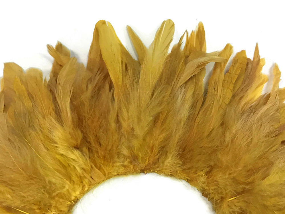 4 Inch Strip - Old Gold Bleached & Dyed Strung Rooster Schlappen Feathers