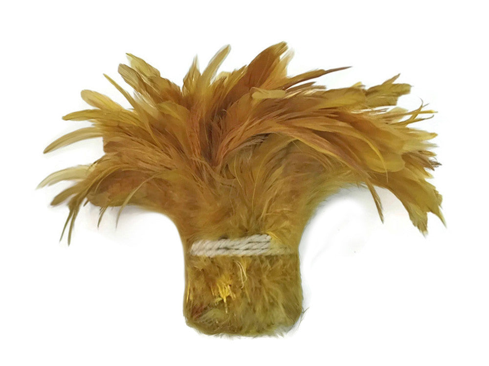 4 Inch Strip - Old Gold Bleached & Dyed Strung Rooster Schlappen Feathers