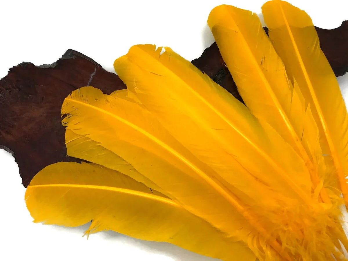 Vibrant yellow feathers for DIY crafts and fashion accessories on a dark wood base.