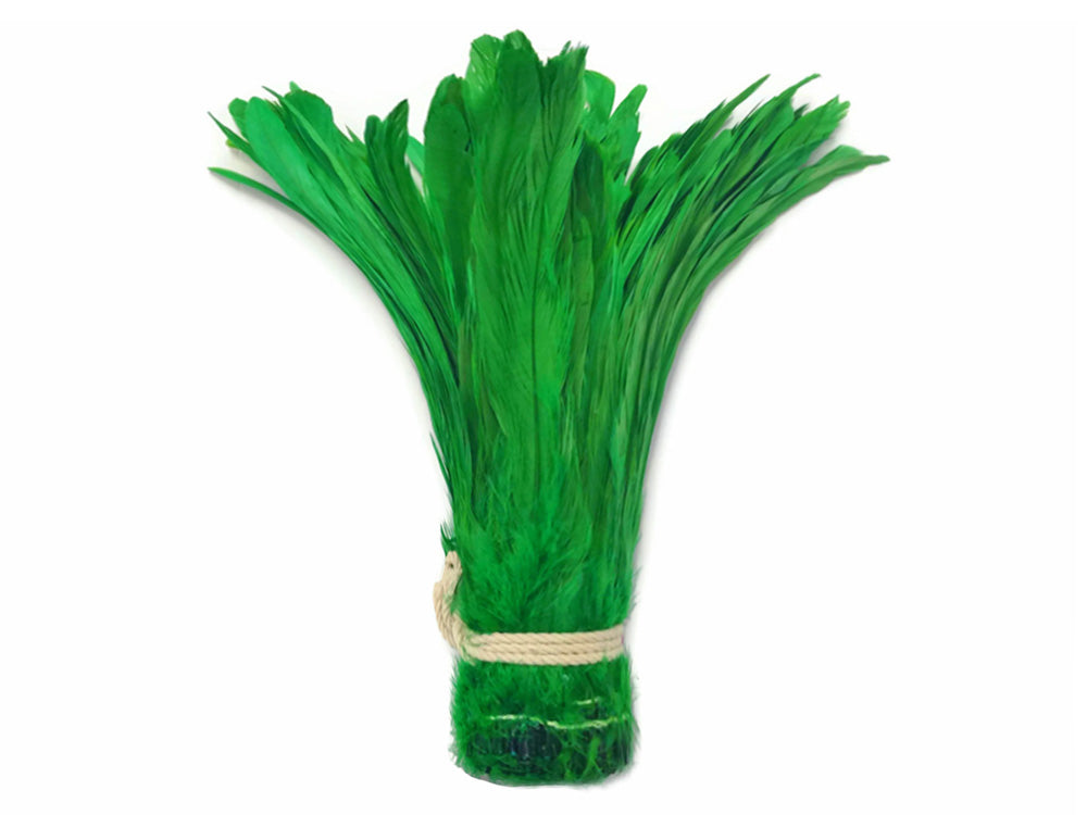 2.5  Inch Strip -  8-10" Kelly Green Strung Natural Bleach & Dyed Coque Tails Feathers